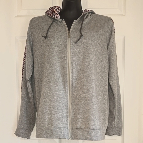 Jackets & Blazers - 28. Gray Hoodie with Leopard Print Accents Jacket Size Large